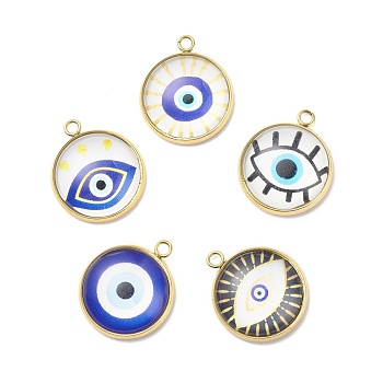 Luminous Glass Pendants, with 304 Stainless Steel Findings, Flat Round with Evil Eye Pattern, Golden, 18.5x15.5x5mm, Hole: 1.6mm