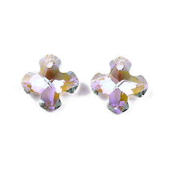 Electroplated Glass Charms, Faceted, Cross, Lilac, 14x14x6mm, Hole: 1.4mm