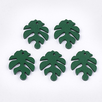 Painted Poplar Wood Pendants, Tropical Leaf Charms, Monstera Leaf, Green, 30x24x2.5~3mm, Hole: 1.5~2mm