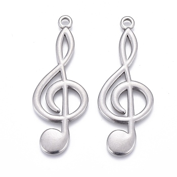 304 Stainless Steel Pendants, Laser Cut, Musical Note, Stainless Steel Color, 44x17x1.5mm, Hole: 2mm