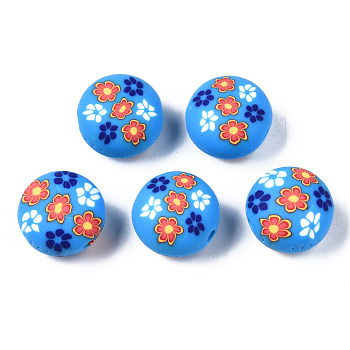 Handmade Polymer Clay Beads, for DIY Jewelry Crafts Supplies, Flat Round with Flower, Deep Sky Blue, 12x8.5mm, Hole: 1.6mm