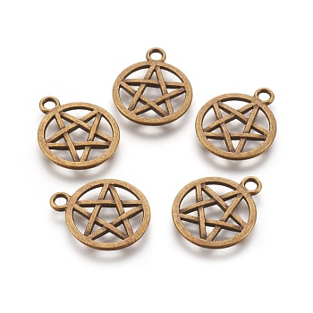 Tibetan Style Alloy Flat Round with Star Pendants, Wicca Pendants, Pentacle, Lead Free & Nickel Free, Antique Bronze, 20.5x16.9x1.7mm, Hole: 2.2mm