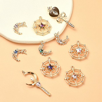 10Pcs 10 Styles Zinc Alloy with Glass Rhinestone Pendants, with Resin Pearl Beads, Moon & Star & Heart & Magic Wand, Mixed Color, 20~46x14~25x3~5mm, Hole: 1.6~22mm, 1Pc/style