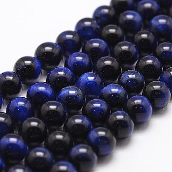 Natural Tiger Eye Bead Strands, Dyed & Heated, Round, Prussian Blue, 8mm, Hole: 1mm, about 44pcs/strand, 14.9 inch~15.1 inch