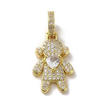 Rack Plating Brass Micro Pave Clear Cubic Zirconia Pendants, Real 18K Gold Plated, Long-Lasting Plated, Lead Free & Cadmium Free, Human, White, 30.5x14x9mm, Hole: 5.5mm