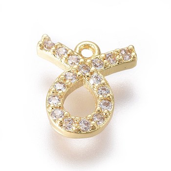 Golden Plated Brass Micro Pave Cubic Zirconia Charms, Twelve Constellations, Taurus, 8x8x1.8mm, Hole: 0.8mm