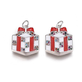 Brass Cubic Zirconia Pendants, with Enamel and Jump Ring, Christmas Gift Box, Red, Platinum, 19x16x5mm, Hole: 3mm