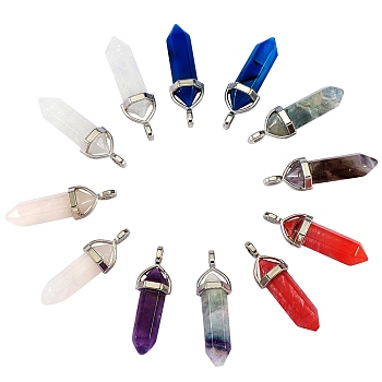 12Pcs 6 Style Natural & Synthetic Gemstone Double Terminated Pointed Pendants, with Random Alloy Pendant Hexagon Bead Cap Bails, Bullet, Platinum, 36~45x12mm, Hole: 3~5mm, 2pcs/style
