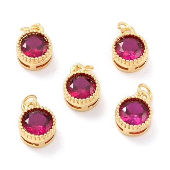Real 18K Gold Plated Brass Inlaid Cubic Zirconia Charms, with Jump Ring, Long-Lasting Plated, Flat Round, Deep Pink, 9.5x7x4mm, Jump Ring: 4x0.5mm, 2.5mm Inner Diameter