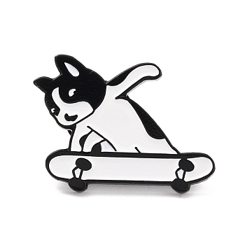 Dog Skateboarding Enamel Pin, Cute Animal Alloy Enamel Brooch for Backpack Clothes, Electrophoresis Black, White, 20.5x25x11mm, Pin: 1mm