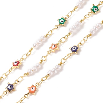 Brass Enamel Star Link Chains, with CCB Imitaiton Pearl Beaded, Soldered, with Spools, Cadmium Free & Lead Free, Real 18K Gold Plated, Colorful, 11x5.5x2mm, 17x3mm