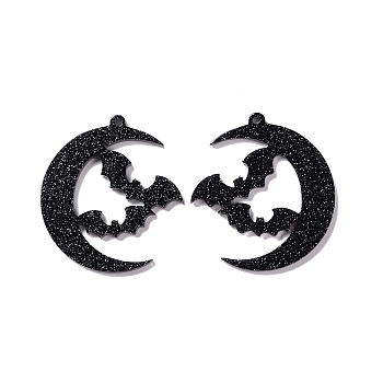 Acrylic Pendant with Glitter Powder, Crescent Moon with Bat, Black, 39x34x2mm, Hole: 1.6mm