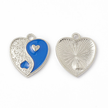 Alloy Enamel Pendants, Heart with Yin Yang Charm, Platinum, Dodger Blue, 17x15x1.6mm, Hole: 1.8mm