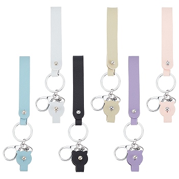 WADORN 6Pcs 6 Colors Cattlehide Leather Wrist Strap Keychains, with Alloy Keychain Clasps, Rectangle & Cat, Mixed Color, 16.5cm, 1pc/color