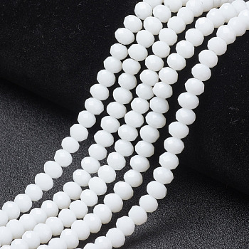 Opaque Solid Color Glass Beads Strands, Faceted, Rondelle, White, 6x5mm, Hole: 1mm, about 85~88pcs/strand, 16.1~16.5 inch(41~42cm)