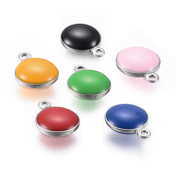 304 Stainless Steel Charms, with Enamel, Enamelled Sequins, Flat Round, Stainless Steel Color, Mixed Color, 13x10x4.5mm, Hole: 1mm