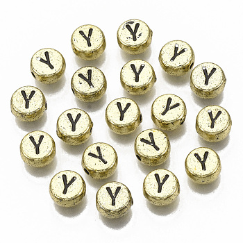Plating Acrylic Beads, Horizontal Hole, Flat Round with Letter, Golden Plated, Black, Letter.Y, 7x4mm, Hole: 1.2mm.