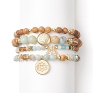 Natural Flower Amazonite & Picture Jasper Beaded Stretch Bracelets Sets with Non-Magnetic Synthetic Hematite, Alloy Lotus Charms Bracelets for Women, Inner Diameter: 2-1/4 inch(5.7cm), 4pcs/set(BJEW-JB09280)