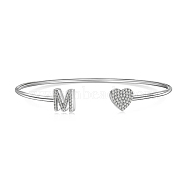 Heart & Letter Rhodium Plated 925 Sterling Silver Micro Pave Cubic Zirconia Cuff Bangles for Women, Letter M, 0.2~0.8cm, Inner Diameter: 1-7/8x2-1/4 inch(4.85x5.65cm) (BJEW-C062-01M-P)