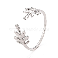 304 Stainless Steel Leaf Open Cuff Ring for Women, Stainless Steel Color, US Size 6 1/2(16.9mm)(RJEW-C025-24P)