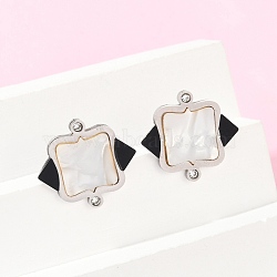 304 Stainless Steel Rhinestone Stud Earrings, with Plastic Imitation Shell, Square, Stainless Steel Color, 20x22mm(EJEW-Z089-05P)