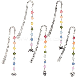 AHADEMAKER 5Pcs 5 Style Tibetan Style Alloy Bookmarks, with Chakra Theme Fropted Natural Gemstone Beaded Pendant, Mixed Shapes, Antique Silver, 137~145mm, 1pc/style(AJEW-GA0004-85)