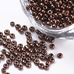 Plated Glass Seed Beads, Round, Saddle Brown, 2~2.3x1.5mm, Hole: 0.8mm, about 30000pcs/bag, about 450g/bag(SEED-Q025-2mm-B04)