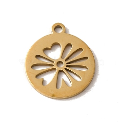 201 Stainless Steel Pendants, Laser Cut, Flat Round with Flower Charm, Golden, 16x14x1mm, Hole: 1.5mm(STAS-E211-07G)