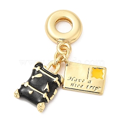 Brass Enamel European Dangle Charms, Large Hole Pendants, Lead Free & Cadmium Free, Long-Lasting Plated, Real 18K Gold Plated, Ticket and Luggage Cases, Black, 30.5mm, Hole: 4.5mm, Luggage Cases: 15x9x3mm, Ticket: 11.5x7.5x1mm(KK-D027-13G-03)