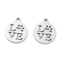 201 Stainless Steel Pendants, Laser Cut, Manual Polishing, Flat Round with Word Love, Stainless Steel Color, 14x12x1mm, Hole: 1.5mm(STAS-D451-15P)