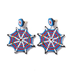 Halloween Spider Web Glass Seed Braided Dangle Stud Earrings, 316 Stainless Steel Wraped Jewelry for Women, Colorful, 62mm, Pin: 0.6mm(EJEW-B011-05A)