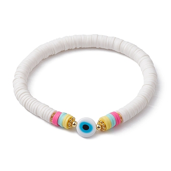 Polymer Clay Heishi Surfer Stretch Bracelet, Evil Eye Lampwork Bracelet, White, Inner Diameter: 2-1/4 inch(5.6cm)