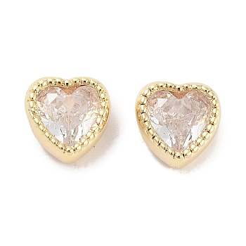Brass with Single Clear Cubic Zirconia Beads, Heart, Real 18K Gold Plated, 6x6x4mm, Hole: 1mm