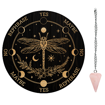 AHADEMAKER 1Pc Cone/Spike/Pendulum Natural Rose Quartz Stone Pendants, 1Pc 304 Stainless Steel Cable Chain Necklaces, 1Pc PVC Custom Pendulum Board, Dowsing Divination Board, Dragonfly Pattern, 3pcs/set