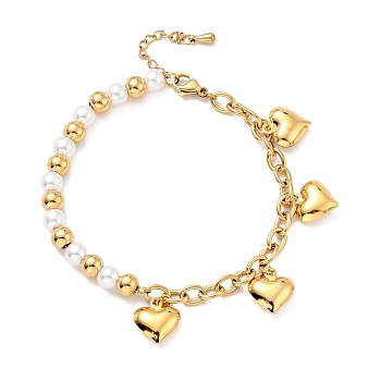 201 Stainless Steel Heart Charm Bracelet, Plastic Pearl Beaded Bracelet with Vacuum Plating 304 Stainless Steel Cable Chains for Women, Golden, 7-1/2 inch(19cm)
