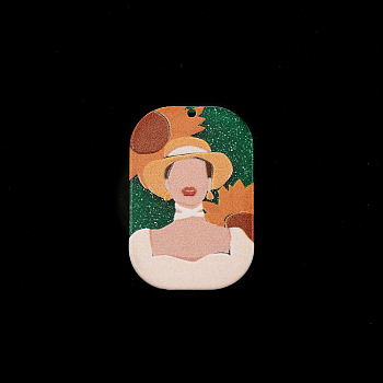 Opaque Resin Pendants, Embossed Printed, Rounded Rectangle with Women Portrait, Sea Green, 39.5x26x2.5mm, Hole: 1.6mm