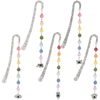 AHADEMAKER 5Pcs 5 Style Tibetan Style Alloy Bookmarks, with Chakra Theme Fropted Natural Gemstone Beaded Pendant, Mixed Shapes, Antique Silver, 137~145mm, 1pc/style