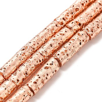 Electroplated Natural Lava Rock Beads Strands, Column, Rose Gold Plated, 13x4mm, Hole: 1mm, about 29~30pcs/strand, 15.35~15.94 inch(39~40.5cm)