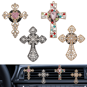 4 Sets 4 Style Zinc Alloy Auto Car Air Vent Perfume Clip, with Resin Clip & Aromatherapy Tablets, Hollow Religion Cross, Mixed Color, 61.5~76.5x45.5~52.5x16~19.5mm, 1 set/style