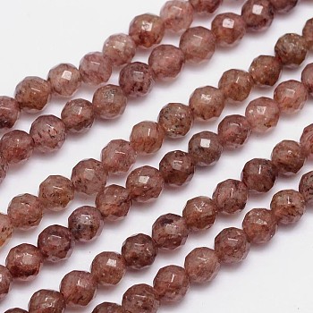 Faceted(64 Facets) Natural Strawberry Quartz Round Bead Strands, 6mm, Hole: 1mm, about 68pcs/strand, 15.5 inch