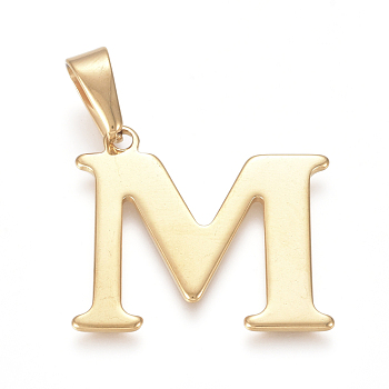 304 Stainless Steel Pendants, Golden, Initial Letter.M, 26~27x27~28x1.5mm, Hole: 4x9mm
