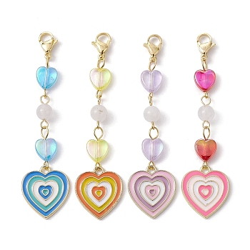 Heart Alloy Enamel Pendant Decorations, with 304 Stainless Steel Lobster Claw Clasps and Acrylic Beads, Mixed Color, 74mm