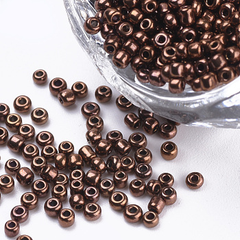 Plated Glass Seed Beads, Round, Saddle Brown, 2~2.3x1.5mm, Hole: 0.8mm, about 30000pcs/bag, about 450g/bag