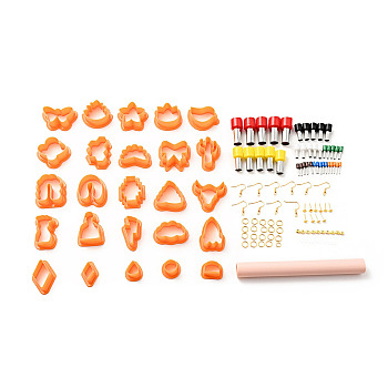 PP Plastic Clay Earring Cutters Set, Iron Earing Hook and Jump Ring, PVC Rolling pin, Ear Nuts, 430 Stainless Steel Hole Puncher, Bakeware Tools, DIY Clay Accessories, Mixed Shape, Man/Cloud/Flower, Dark Orange, Clay Cutter: 22~47x21~47x15mm