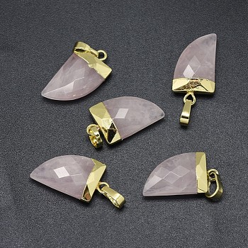 Natural Rose Quartz Pendants, with Long-Lasting Plated Brass Findings, Faceted, Scabbard, Golden, 19.5x11x5mm, Hole: 3.5x5.5mm