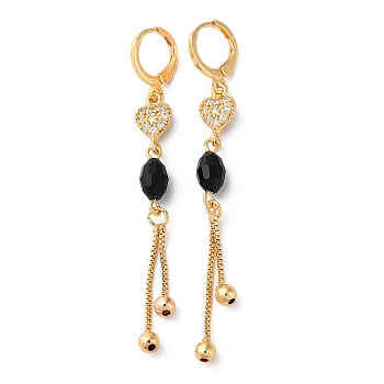 Rhinestone Heart Leverback Earrings with Glass Beaded, Brass Chains Tassel Earrings for Women, Light Gold, 68~71x8mm