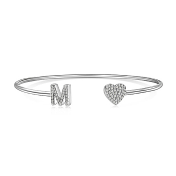 Heart & Letter Rhodium Plated 925 Sterling Silver Micro Pave Cubic Zirconia Cuff Bangles for Women, Letter M, 0.2~0.8cm, Inner Diameter: 1-7/8x2-1/4 inch(4.85x5.65cm) 