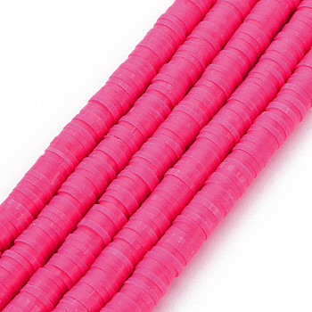 Handmade Polymer Clay Bead Strands, Heishi Beads, Disc/Flat Round, Deep Pink, 6x0.5~1mm, Hole: 2mm, about 320~447pcs/strand, 15.74 inch~16.92 inch