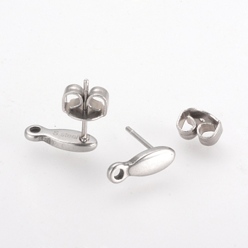 201 Stainless Steel Stud Earring Findings, with Loop and 304 Stainless Steel Pins, Stainless Steel Color, Pin: 0.8mm, 12x4mm, Hole: 1.5mm