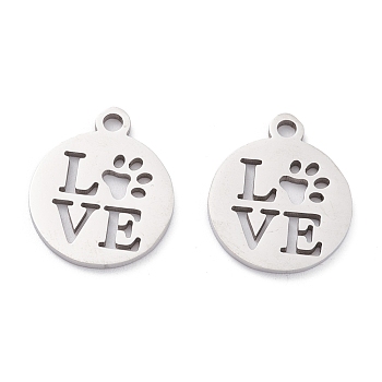 201 Stainless Steel Pendants, Laser Cut, Manual Polishing, Flat Round with Word Love, Stainless Steel Color, 14x12x1mm, Hole: 1.5mm